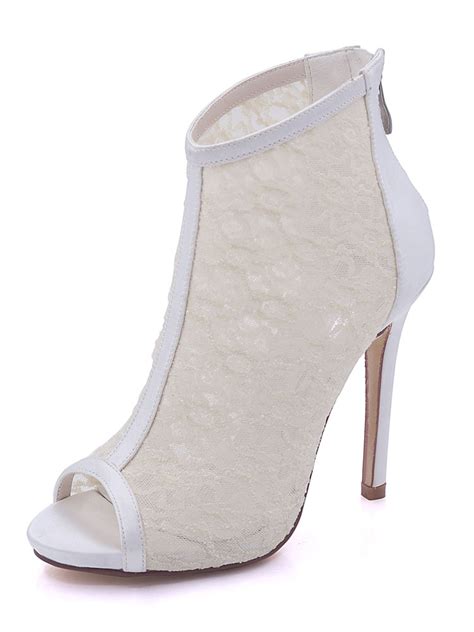 ivory wedding shoes high heels lace peep toe ankle strap sandal booties