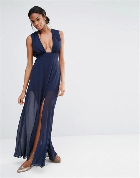 Missguided Deep Plunge Maxi Dress Navy Deep Plunge Maxi Dress Plunge