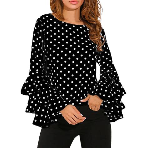 plus size women polka dot ruffle blouse flouncing long flare sleeves o neck shirt fashion office