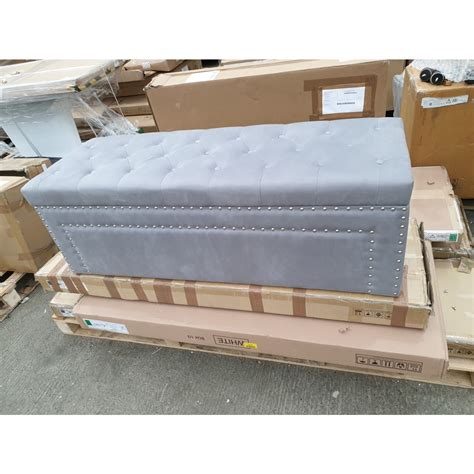 Grade A2 Safina Velvet Storage Blanket Box In Grey With Stud Detail