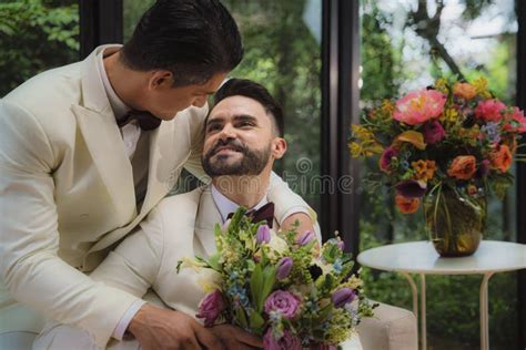 lgbtq gay marriage couple having romantic moment together after wedding stock image image of