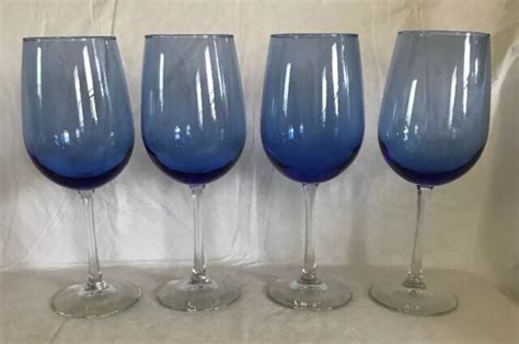 Cobalt Blue Cup Clear Long Stem Wine Glasses Set 4 Water Goblets Stemware 9 25” Ebay