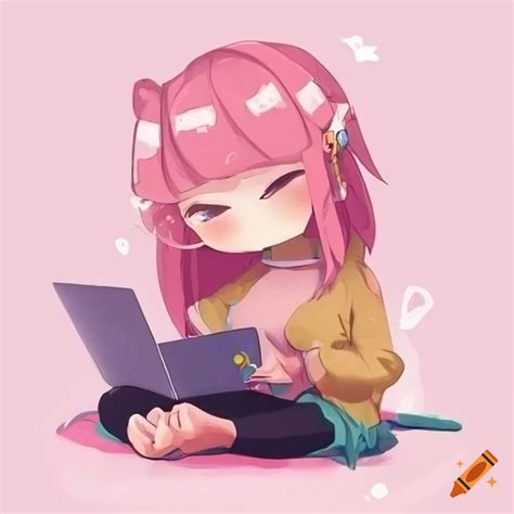 Cute Chibi Anime Girl Sitting With Laptop And Notebook