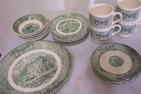 Currier And Ives Set Of 25 Green And White Transferware Scio Etsy