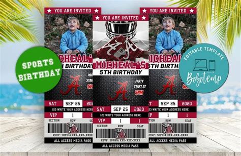 Editable Alabama Crimson Tide Birthday Ticket Invitations Bobotemp