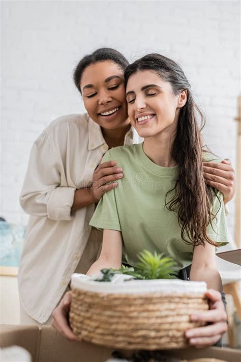 joyful multiracial woman hugging shoulders of stock image image of caucasian lesbian 277013533