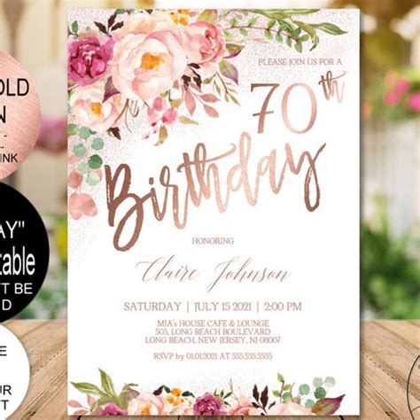 Diy 70th Birthday Invitation Template Fall Blush Rose Gold Etsy