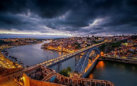 Wallpaper Portugal Porto Bridge River City Night Lights 2880x1800