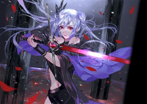 Anime Girls Digital Art Girl With Weapon Sword Red Eyes Looking At