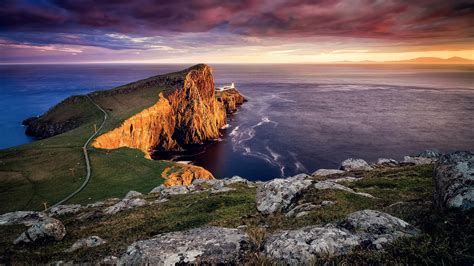 Wallpaper Scotland Neist Point Skye Island Lighthouse Sunset Sea