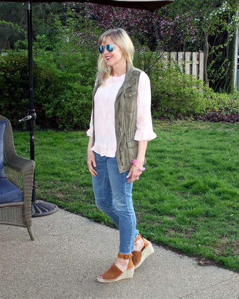 Blush Top And Olive Utility Vest Spring Outfit Doused In Pink