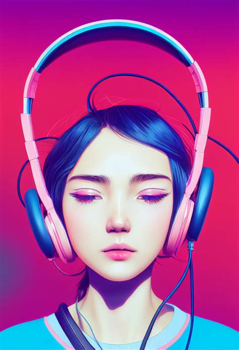 prompthunt cute anime girl wearing pink colour headphones ultra realistic detailed synth wave 8k