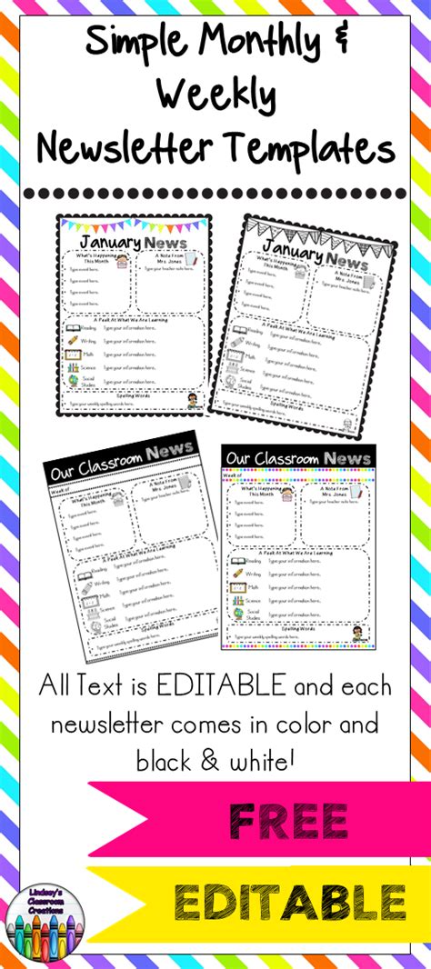 Editable Classroom Newsletter Templates Color And Black And White