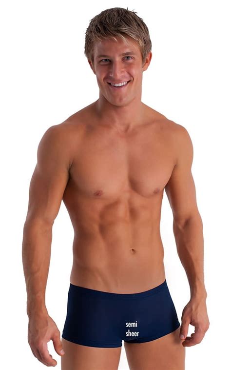 Extreme Low Square Cut Swim Trunks In Semi Sheer Navy Powernet