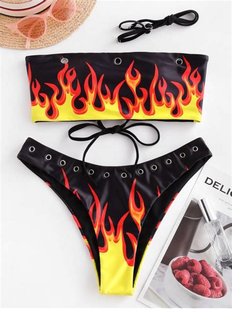 46 Off 2021 Zaful Flame Print Grommets Lace Up Bandeau Bikini Swimsuit In Black Zaful
