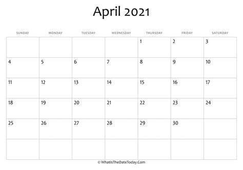 Blank April Calendar 2021 Editable Whatisthedatetodaycom