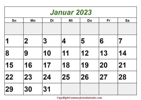 Kalender Januar 2023 Zum Ausdrucken Sommerferien Kalender