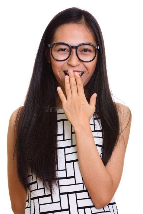 Young Happy Asian Teenage Nerd Girl Smiling And Laughing While C Stock