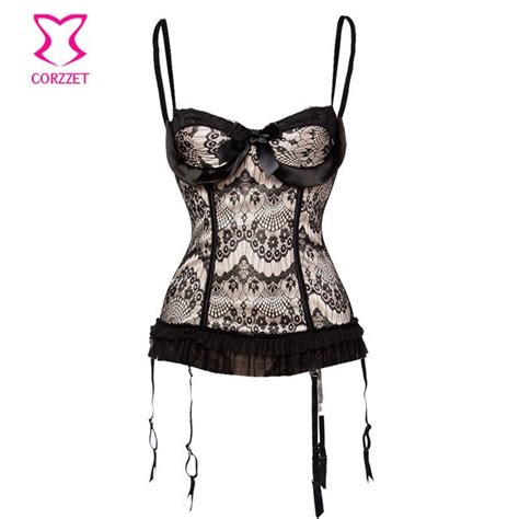 Shapewear Sexy Gothic Lingerie Women Beige Satin And Black Floral Lace