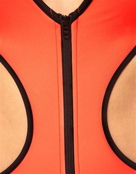 Asos Scuba Zip Front Swimsuit In Orange Fluropink Lyst