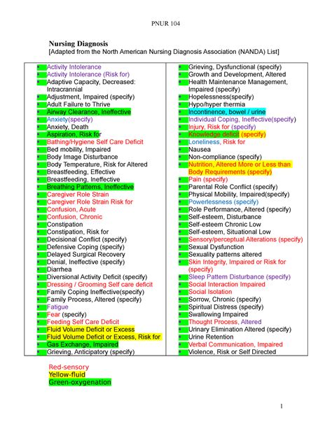 Nanda List Of Nursing Diagnosis Pnur 104 Nursing Diagnosis Adapted