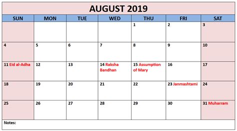 August 2019 Calendar With Holidays Usa Uk Canada India