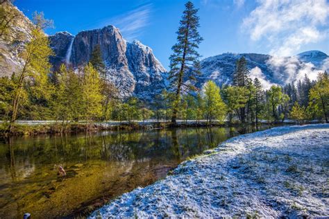 Landscape Nature Mountain River Waterfall Trees Snow Yosemite Ca