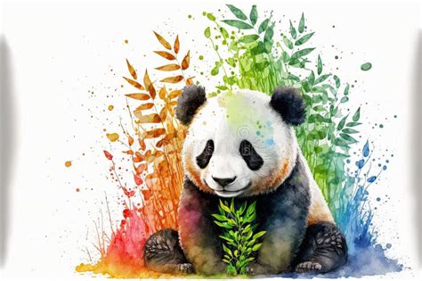 Colorful Rainbow Watercolor Illustration Of A Cute Baby Panda With