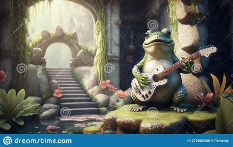 A Whimsical Illustration Of A Frog Playing A Guitar On The Rock In