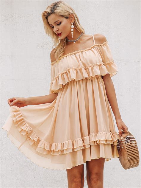Simplee Cold Shoulder Layered Ruffle Dress Layered Ruffle Dress Chiffon Summer Dress Chiffon
