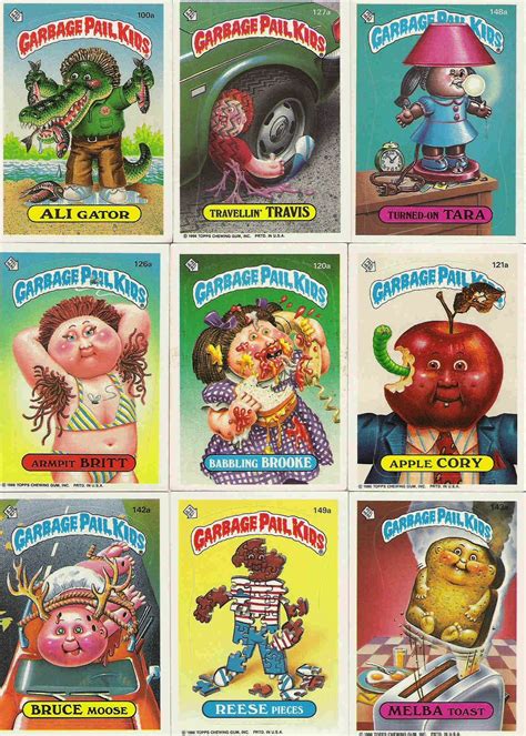 Garbage pail kids is a series of trading cards produced by the topps company, originally released in 1985 and designed to parody the cabbage patch kids dolls which were popular at the time. 9 Garbage Pail Kids Cards Stickers 1986 Topps Chewing Gum