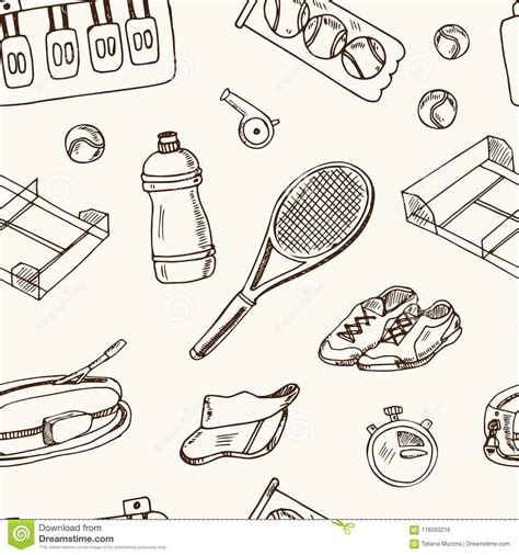 Tennis Hand Drawn Doodle Seamless Pattern Sketches Vector