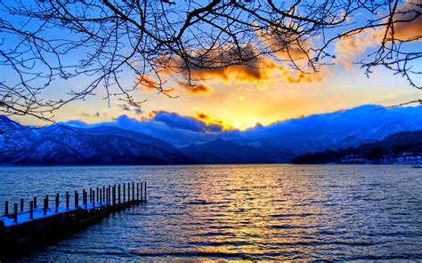 Lake View Tree Dock Mountains Sunset Branches Clouds Lake Hd
