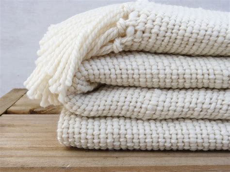 Chunky Ecru Wool Woven Blanket Natural Organic Merino Wool Off White