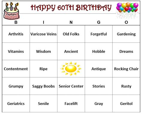60th Birthday Party Bingo Game 60 Cards Old Age Theme Bingo Words Very