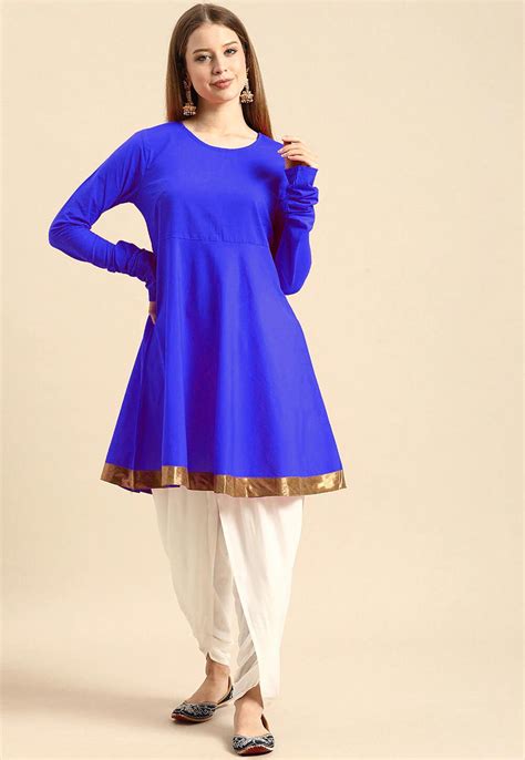 Solid Color Rayon A Line Kurti Set In Royal Blue Tve1250