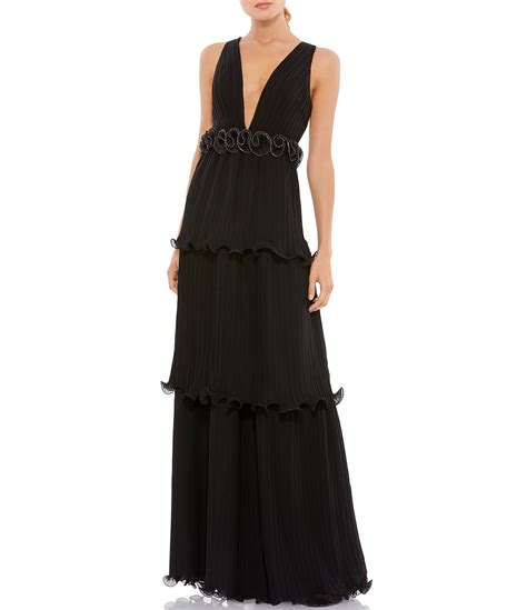 Mac Duggal Pleated Ruffle Tiered Plunge Back Detail Deep V Neck Sleeveless Gown Dillards