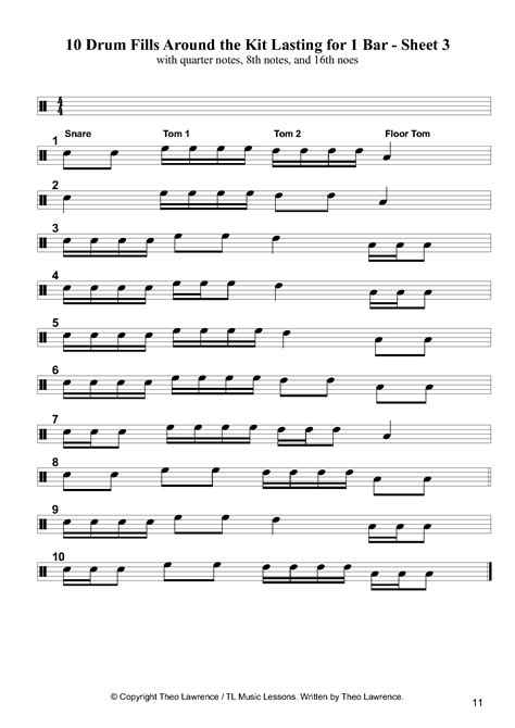 Sheet 3 10 Easy Drum Fills Lasting 1 Bar Around The Kit 8ths And Quarters Page 11 Learn