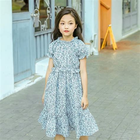 Girls Floral Dress Summer Casual Cotton Print Kids Girl Dresses Blue O