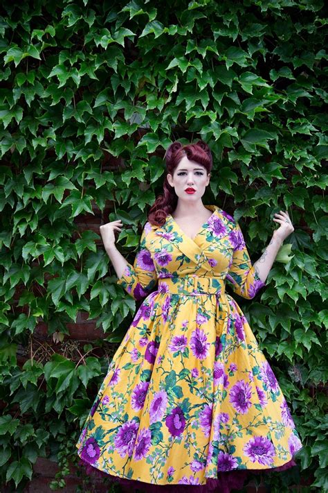 Pinup Couture Birdie Dress In Mustard And Purple Floral With Three