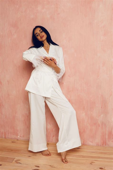 Bride Pajamas With Feather Bridal Morning Costume Getting - Etsy