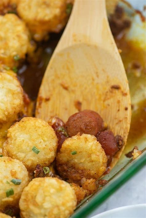 Either with or without beans. Chili Cheese Dog Tater Tot Casserole! Total comfort food ...