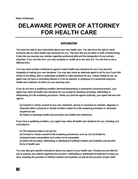 Free Delaware Medical Power Of Attorney Form Pdf And Word