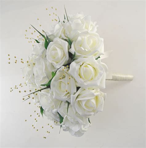 Brides Ivory Foam Rose Gold Pearl Wedding Bouquet Budget Wedding Flowers