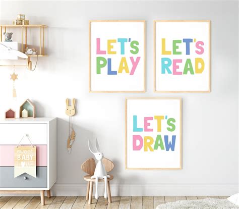 Kids Playroom Printable Art Set Of 3 Lets Play Lets Read Lets Etsy