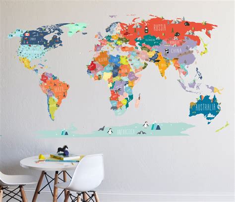 Wall Decal World Map Interactive Map Wall Sticker Room Etsy World