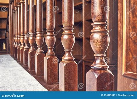 Wooden Balustrade Of Classic Staircase In Modern House Close Up Stock