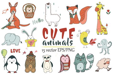 Cute animals Hand drawn doodle Vector Set By EvgeniiasArt 