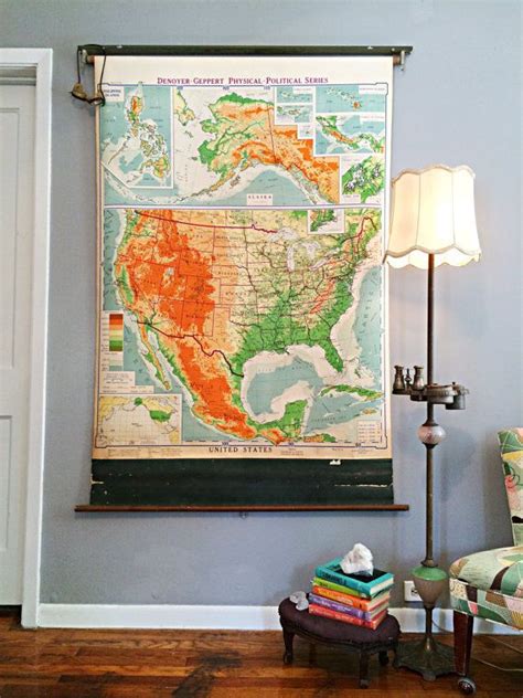 Working Extra Large Antique Pull Down Schoolhouse Map Of United States