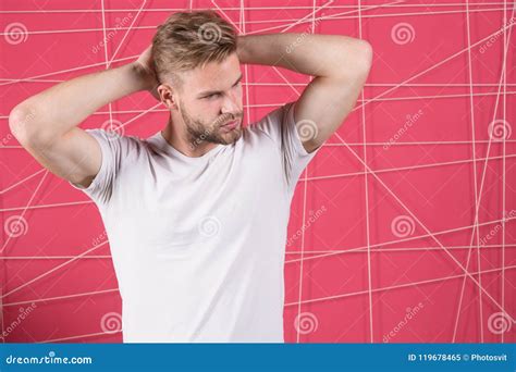 Man With Bristle Strict Face Enjoy Freshness Of Hair Pink Background